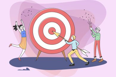 Business team achieving goal. People driving arrow to target, celebrating success. Vector illustration challenge, aim, achievement, focus, purpose, teamwork for concept